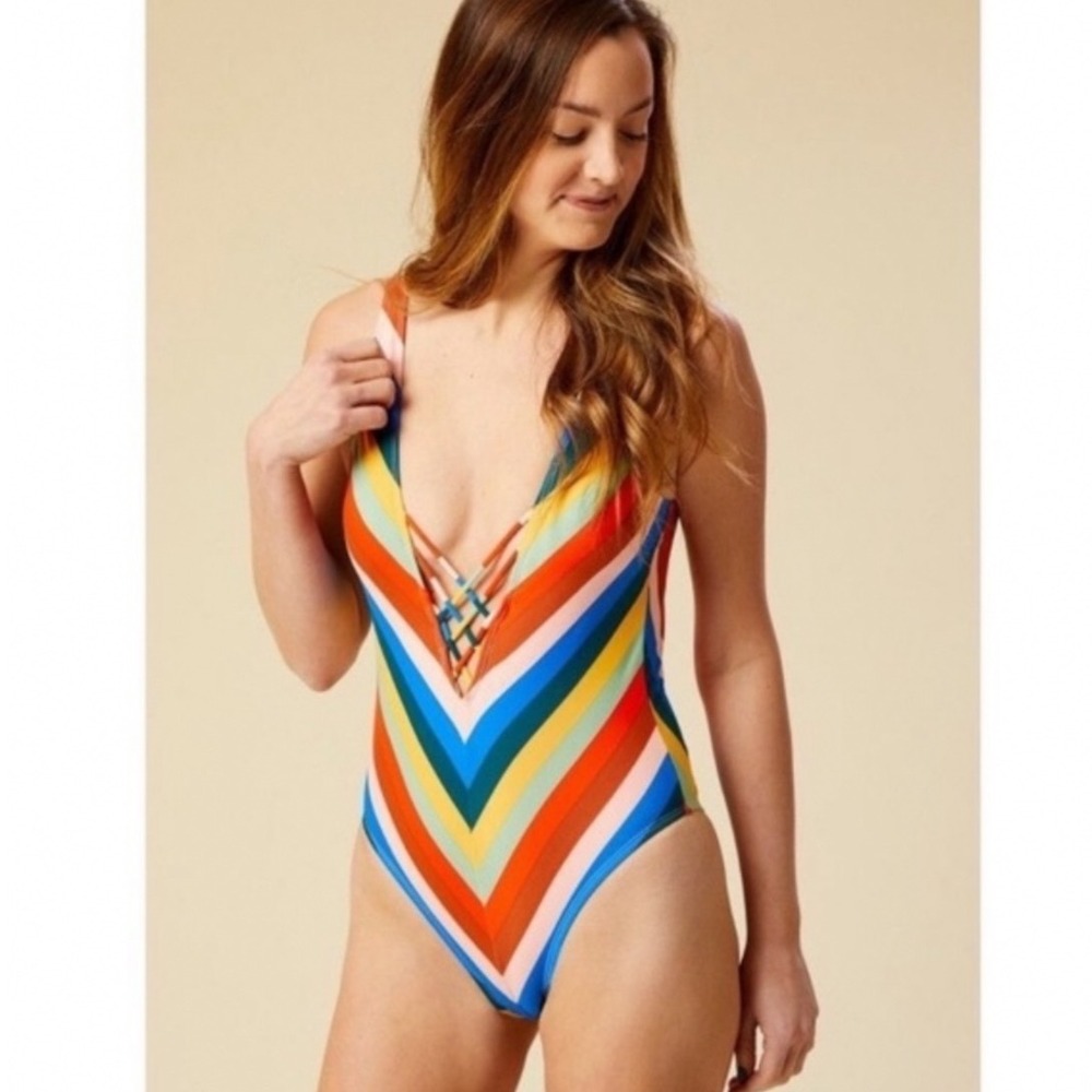 The Bikini Lab Rainbow Chevron Stripe One Piece Swimsuit Multi Color Large